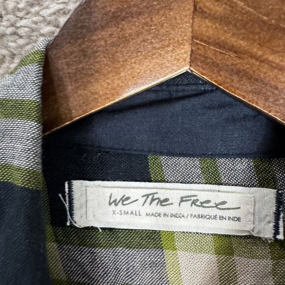 Free People Pacific Dawn Shirt Women's Size XS Black Combo‎ Plaid Ruched-Sleeve - Picture 6 of 13